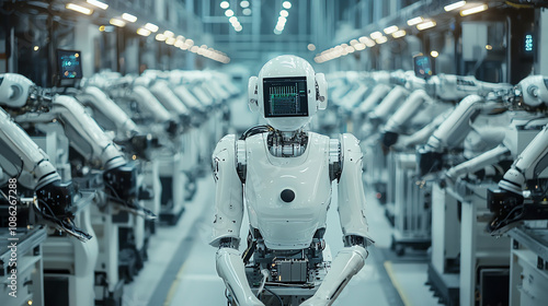 Robotic assembly line in a modern electronics factory showcasing advanced manufacturing technology and clean production processes