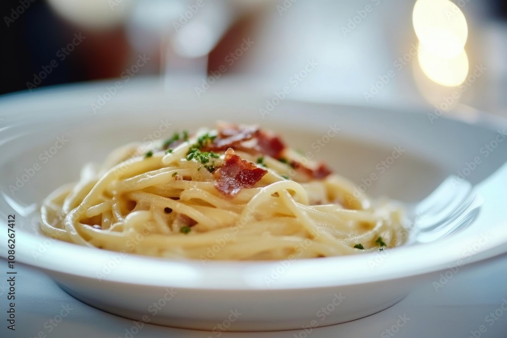 Classic spaghetti carbonara served in a white bowl, featuring a creamy sauce, crispy pancetta, grated Parmesan cheese, and fresh black pepper, creating a delicious Italian pasta dish perfect for lunch Classic spaghetti carbonara served in a white bowl, featuring a creamy sauce, crispy pancetta, grated Parmesan cheese, and fresh black pepper, creating a delicious Italian pasta dish perfect for lunch