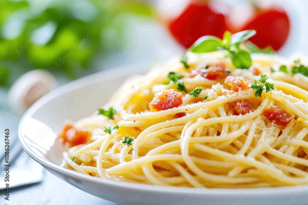 Classic spaghetti carbonara served in a white bowl, featuring a creamy sauce, crispy pancetta, grated Parmesan cheese, and fresh black pepper, creating a delicious Italian pasta dish perfect for lunch Classic spaghetti carbonara served in a white bowl, featuring a creamy sauce, crispy pancetta, grated Parmesan cheese, and fresh black pepper, creating a delicious Italian pasta dish perfect for lunch