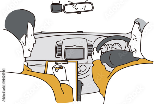 運転技能検査をうけるシニアのシンプルイラスト