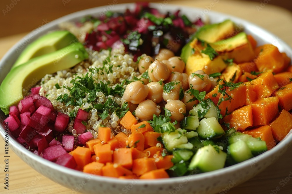Vegan Buddha Bowl with Quinoa, Chickpeas, Avocado, Sweet Potatoes, and a Rainbow of Fresh Vegetables in a Healthy and Colorful Arrangement Vegan Buddha Bowl with Quinoa, Chickpeas, Avocado, Sweet Potatoes, and a Rainbow of Fresh Vegetables in a Healthy and Colorful Arrangement
