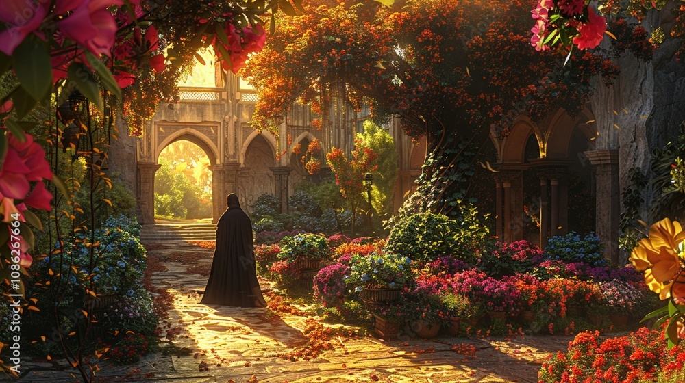Fototapeta premium In an ornate palace garden from ancient times, a cloaked figure from a bygone era ponders under the sprawling branches of a mythical tree, surrounded by colorful exotic flowers 