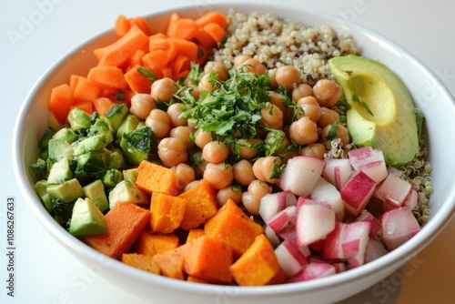 Vegan Buddha Bowl with Quinoa, Chickpeas, Avocado, Sweet Potatoes, and a Rainbow of Fresh Vegetables in a Healthy and Colorful Arrangement 