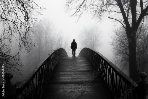 Mysterious Figure on a Foggy Bridge: A Haunting Landscape