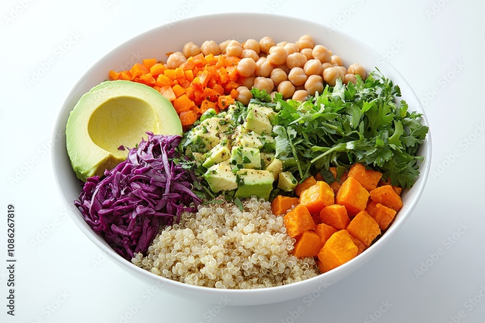 Vegan Buddha Bowl with Quinoa, Chickpeas, Avocado, Sweet Potatoes, and a Rainbow of Fresh Vegetables in a Healthy and Colorful Arrangement Vegan Buddha Bowl with Quinoa, Chickpeas, Avocado, Sweet Potatoes, and a Rainbow of Fresh Vegetables in a Healthy and Colorful Arrangement