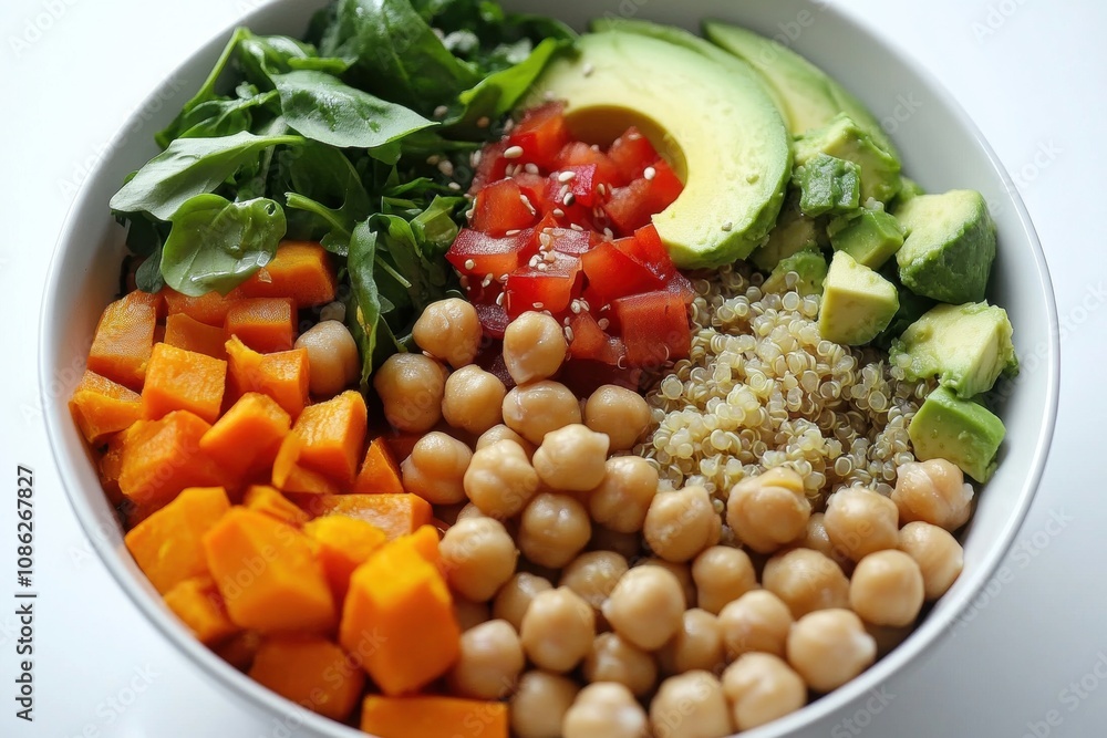 Vegan Buddha Bowl with Quinoa, Chickpeas, Avocado, Sweet Potatoes, and a Rainbow of Fresh Vegetables in a Healthy and Colorful Arrangement Vegan Buddha Bowl with Quinoa, Chickpeas, Avocado, Sweet Potatoes, and a Rainbow of Fresh Vegetables in a Healthy and Colorful Arrangement