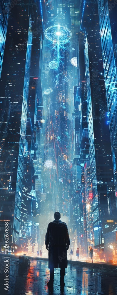 In the bustling heart of a digital city, skyscrapers of blockchain technology tower high above A figure, clad in futuristic attire, examines a holographic projection In the bustling heart of a digital city, skyscrapers of blockchain technology tower high above A figure, clad in futuristic attire, examines a holographic projection
