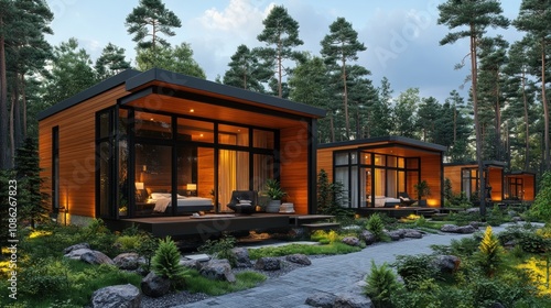 Modern cabins nestled in a serene forest setting.