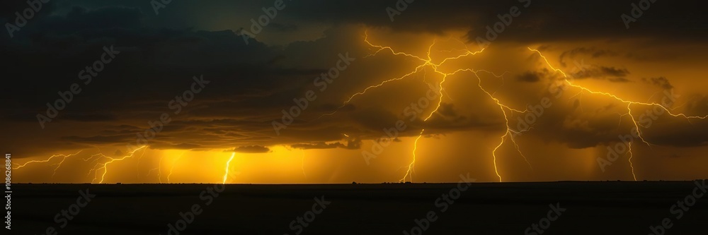 Electric yellow streaks illuminate the darkening horizon as a storm approaches casting an ominous glow over the landscape, stormy, foreboding, terrain Electric yellow streaks illuminate the darkening horizon as a storm approaches casting an ominous glow over the landscape, stormy, foreboding, terrain