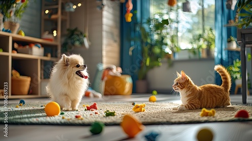 A playful dog and cat interact in a vibrant, toy-filled room, showcasing a cozy and lively home environment.