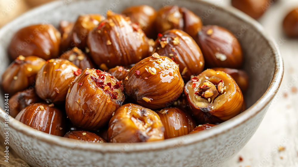 A bowl of roasted chestnuts with a drizzle of honey and a sprinkle of crushed red pepper flakes for a spicy twist. A bowl of roasted chestnuts with a drizzle of honey and a sprinkle of crushed red pepper flakes for a spicy twist.