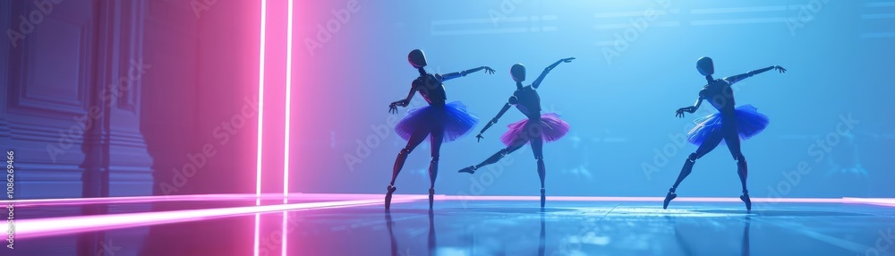 Infuse classical ballet elements into a digital Robotic Ballet scene Blend the grace of ballet with the precision of AI-driven movements using photorealistic details and lighting e Infuse classical ballet elements into a digital Robotic Ballet scene Blend the grace of ballet with the precision of AI-driven movements using photorealistic details and lighting e