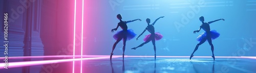 Infuse classical ballet elements into a digital Robotic Ballet scene Blend the grace of ballet with the precision of AI-driven movements using photorealistic details and lighting e