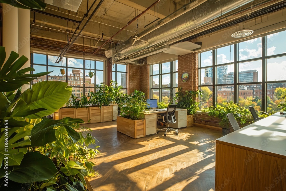 A Bright and Lush Green Office Space with Natural Light and Plants A Bright and Lush Green Office Space with Natural Light and Plants