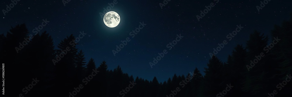 Forest in moonlit night with stars above, ambiance, dark, atmosphere