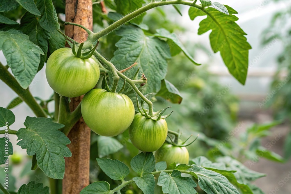 Fresh green tomatoes growing on a green tomato plant with leafy branches and a brown stem, nature, tomato plant, greenery Fresh green tomatoes growing on a green tomato plant with leafy branches and a brown stem, nature, tomato plant, greenery