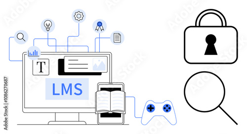 Computer screen displays LMS and educational tools, linked with icons thumbs up lightbulb and gear. Gaming controller, lock and magnifying glass. Ideal for e-learning, online courses