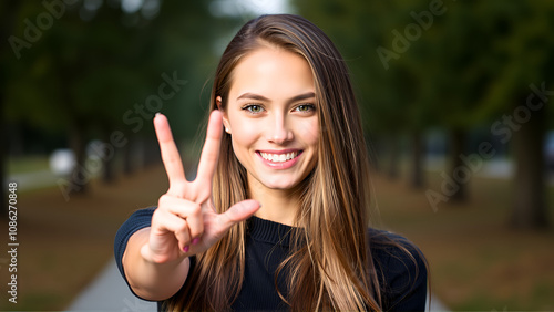 young pretty woman smiling and looking friendly, showing number ten or tenth with hand forward, counting down photo