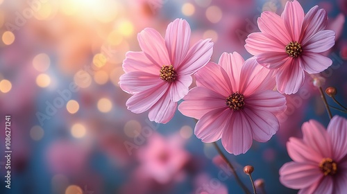 Delicate Pink Cosmos Flowers in Soft Light