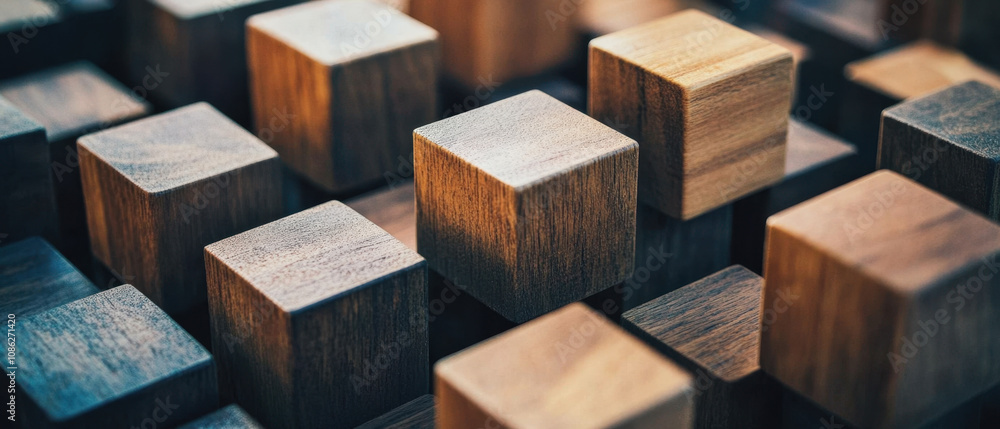 Wooden cubes arranged in visually appealing pattern, showcasing various shades and textures of wood. interplay of light and shadow creates warm and inviting atmosphere Wooden cubes arranged in visually appealing pattern, showcasing various shades and textures of wood. interplay of light and shadow creates warm and inviting atmosphere