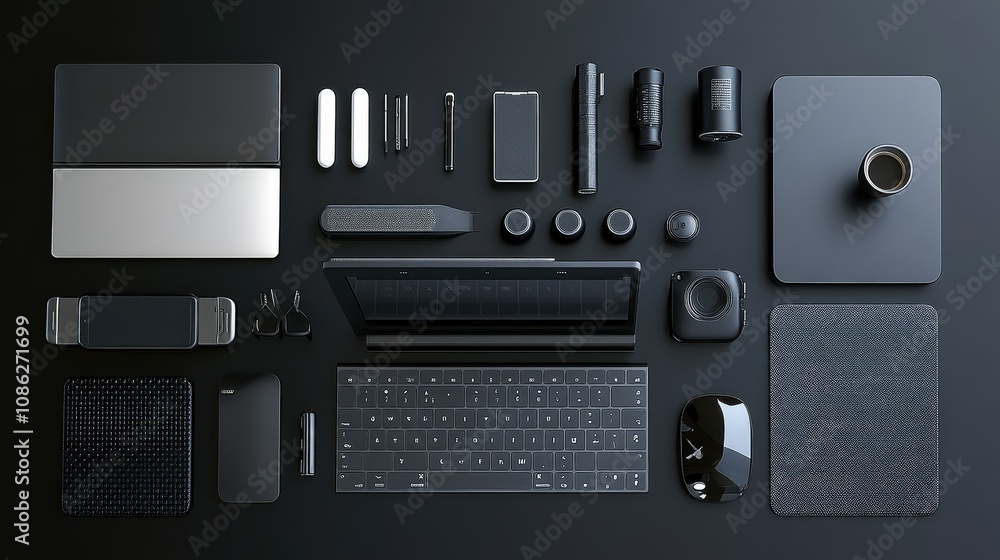 Minimalist office desk with sleek tech gadgets and a cup of coffee Minimalist office desk with sleek tech gadgets and a cup of coffee