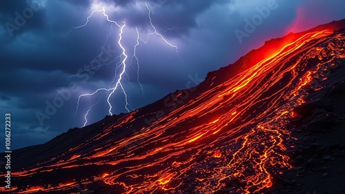 Intense lava flows down a volcanic slope amidst a thunderstorm with lightning bolts illuminating the dark sky, pyroclastic flow, elemental force photo