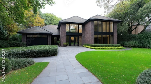 Modern house with large windows and landscaped garden.