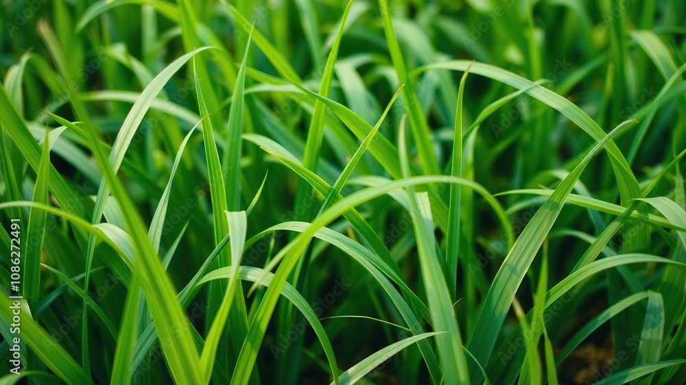 Lush green grass blades swaying gently in the spring breeze, with a soft focus effect to emphasize the natural surroundings, blades, outdoors, gentle wind Lush green grass blades swaying gently in the spring breeze, with a soft focus effect to emphasize the natural surroundings, blades, outdoors, gentle wind