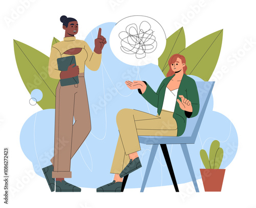 Appointment with psychologist. Woman patient communicates with psychologist. Mental and psychological problems. Issue and disorder. Flat vector illustration isolated on white background