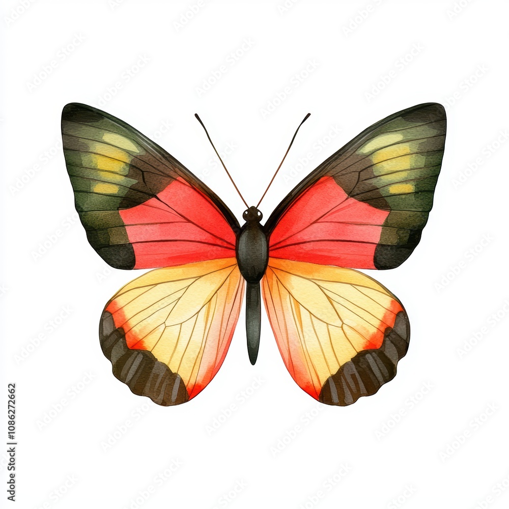 Fototapeta premium A butterfly with red and yellow wings is painted on a white background