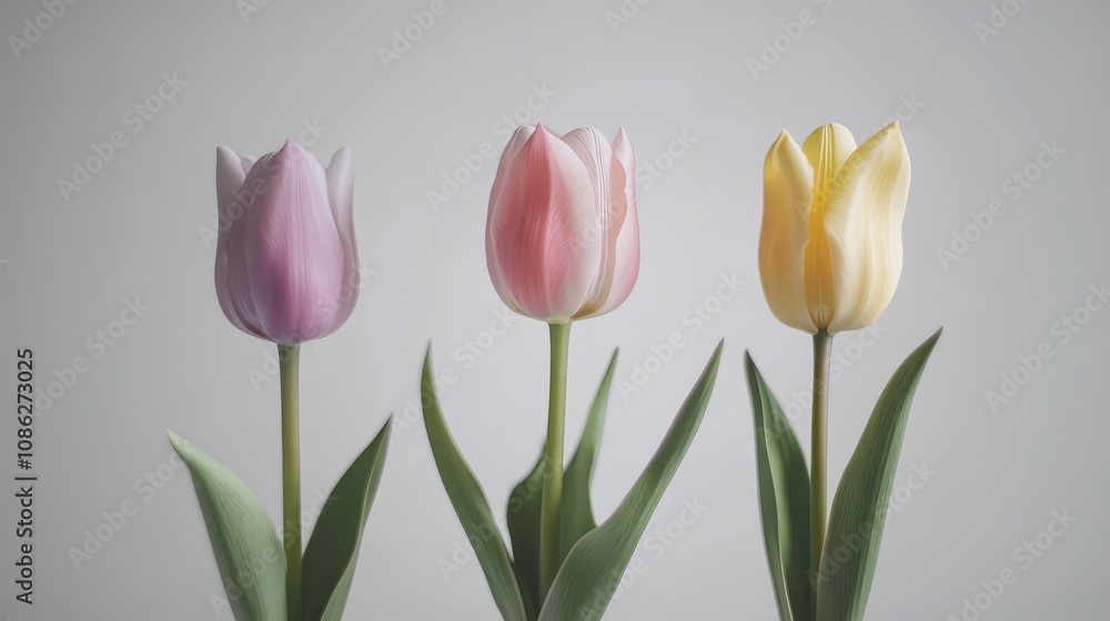 Three pastel-colored tulips in a narrow vase, set against a plain white background, highlighting their elegance. Three pastel-colored tulips in a narrow vase, set against a plain white background, highlighting their elegance.