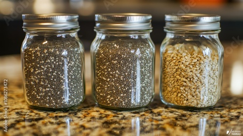 Three glass jars on a kitchen counter contain pumpkin, hemp, and chia seeds, inviting nutritious meal options for health-conscious eaters. Generative AI