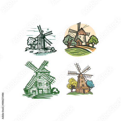 Windmill in farmland logo design vector vintage