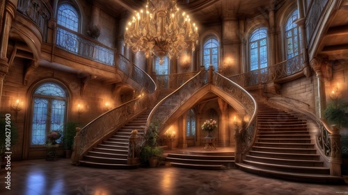 Grandiose Wooden Staircase in an Elegant Mansion