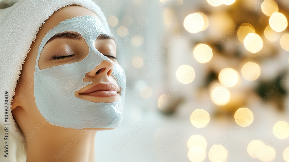 woman enjoys relaxing face mask treatment in soft ambient lighting woman enjoys relaxing face mask treatment in soft ambient lighting