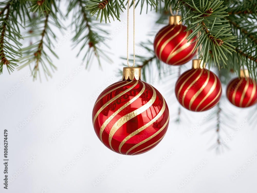 Red and gold striped glass ornaments suspended from a sturdy wire loop hanging on a pine tree branch, winter wonderland, Christmas tree ornaments Red and gold striped glass ornaments suspended from a sturdy wire loop hanging on a pine tree branch, winter wonderland, Christmas tree ornaments