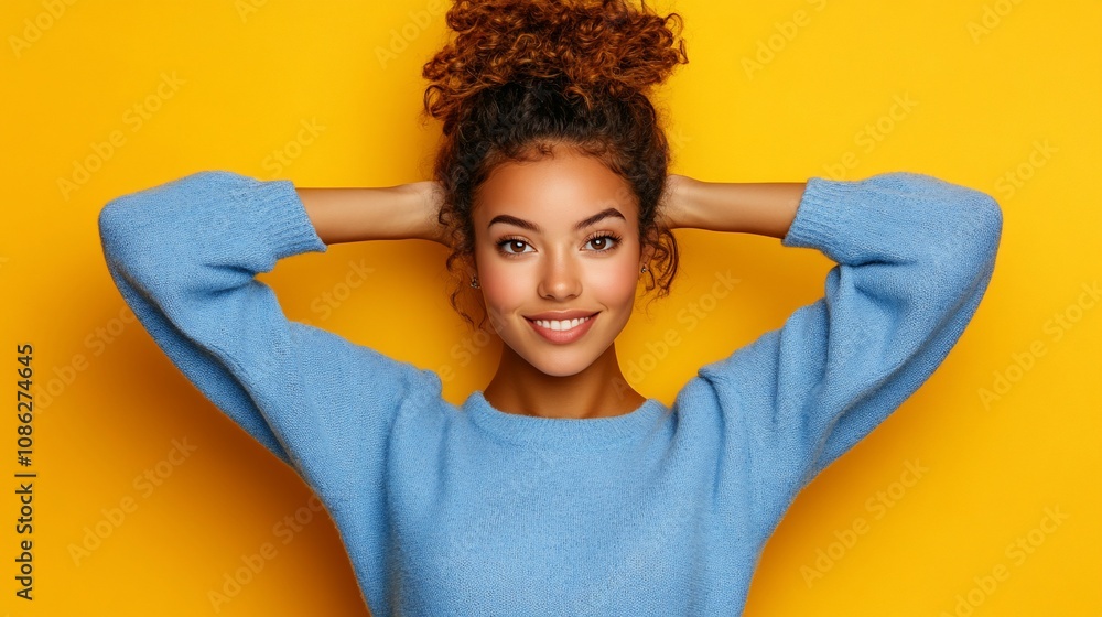 Happy young woman with curly hair in a blue sweater against a yellow background. Happy young woman with curly hair in a blue sweater against a yellow background.