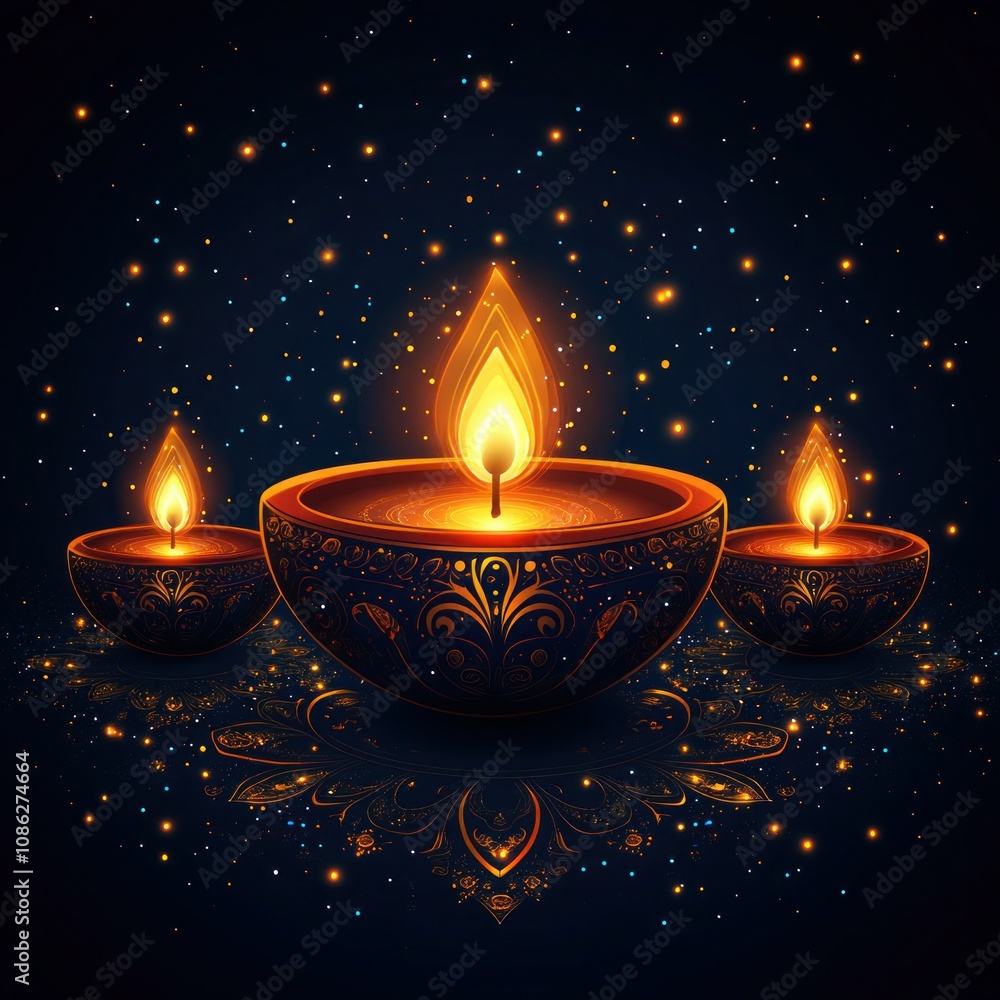 Golden Diwali Lamps on Dark Red Background - Hand Drawn Vector Illustration Golden Diwali Lamps on Dark Red Background - Hand Drawn Vector Illustration