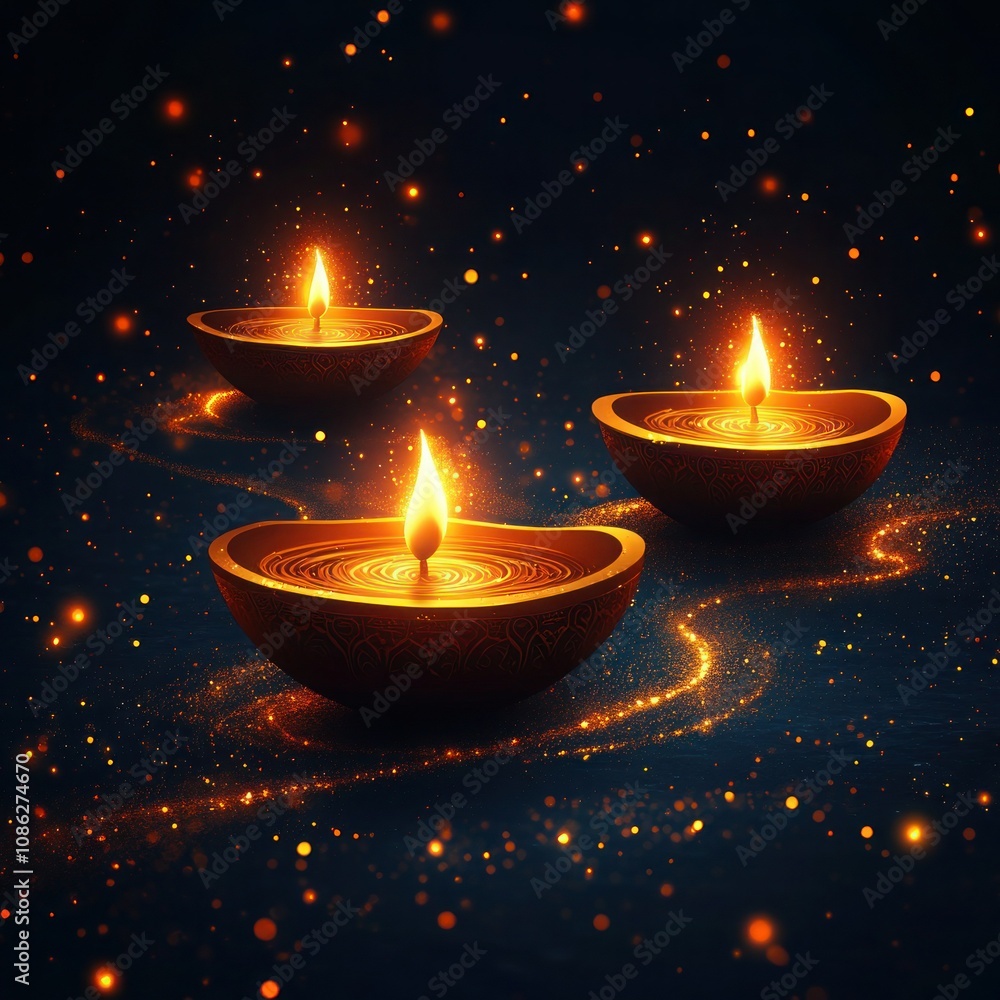 Golden Diwali Lamps on Dark Red Background - Hand Drawn Vector Illustration Golden Diwali Lamps on Dark Red Background - Hand Drawn Vector Illustration
