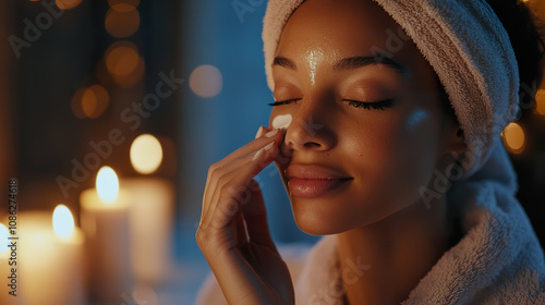 woman in warm bathrobe with serene expression applies cream to her face, surrounded by glowing candles