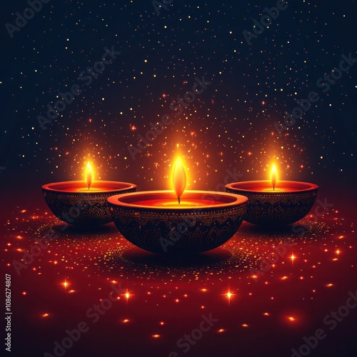 Diwali Lamps with Golden Lights on Red Background - Hand Drawn Vector Illustration