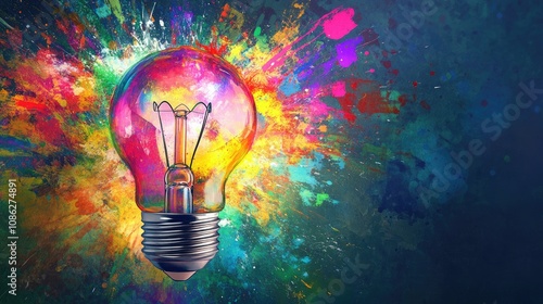 Creative light bulb explodes with colorful paint. brainstorming concept