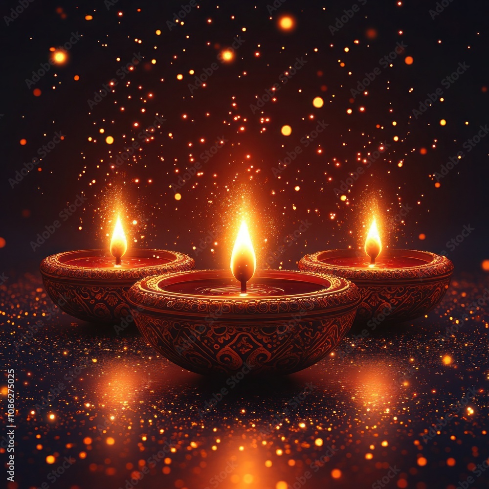 Diwali Lamps with Golden Lights on Red Background - Hand Drawn Vector Illustration Diwali Lamps with Golden Lights on Red Background - Hand Drawn Vector Illustration