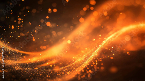 Dynamic orange and gold wave patterns with glowing particles in a dark background