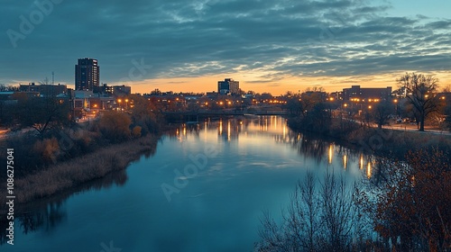 Calm river reflecting city lights at dawn.