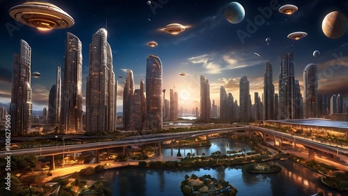 Futuristic Cityscape With Flying Saucers Overhead