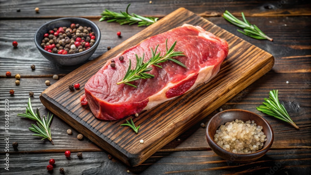 Seasoned raw sirloin beef steak on cutting board , Cooking, food preparation, fresh meat, marbling, butcher, steakhouse Seasoned raw sirloin beef steak on cutting board , Cooking, food preparation, fresh meat, marbling, butcher, steakhouse