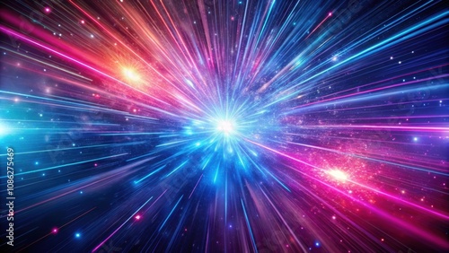 Abstract pink and blue light trails in cosmic background resembling hyper jump into another galaxy, explosion, speed of light, neon