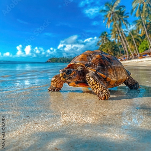 Giant Tortoise on Beach with Palm Trees at Curieuse Island Wildlife Conservation in Seychelles Islands photo