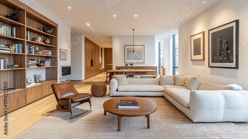 Modern living room with large sectional sofa, wooden coffee table, and built-in bookshelves.